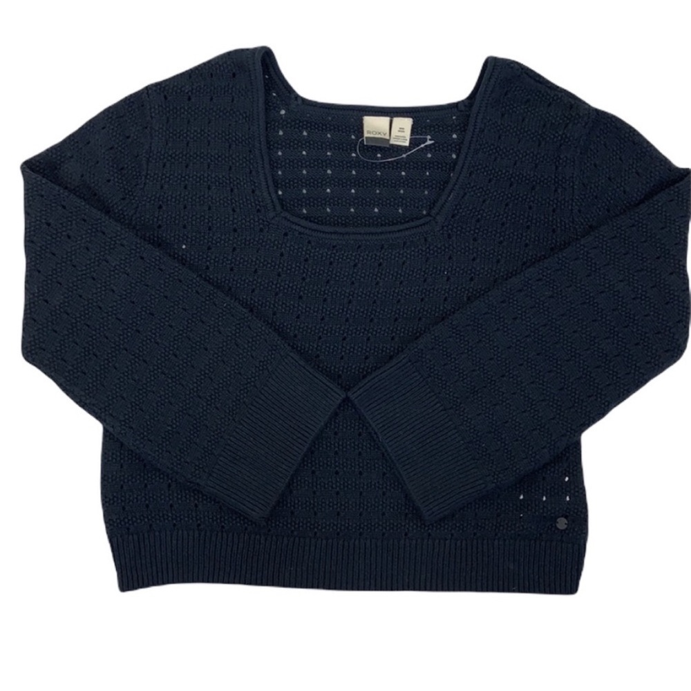 ROXY Pointelle Navy Birdy Day Square Neck Dropped Balloon Sleeve Navy Sweater - Picture 2 of 12